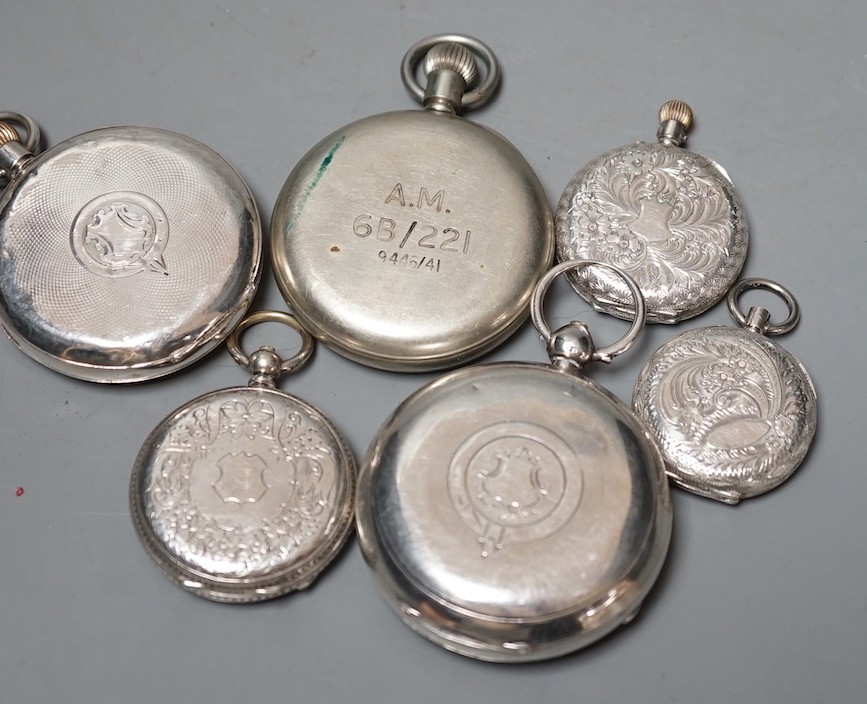 Two silver pocket watches, three silver fob watches and a stopwatch.